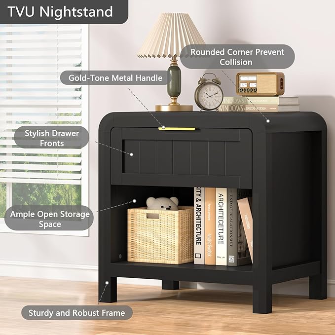 IKENO Wood Nightstand with Storage Drawer, 21" Wide Night Stand with Curved Profile Design, Bedside End Table for Bedroom, Living Room, Closet (1, Black, 1 Drawer)