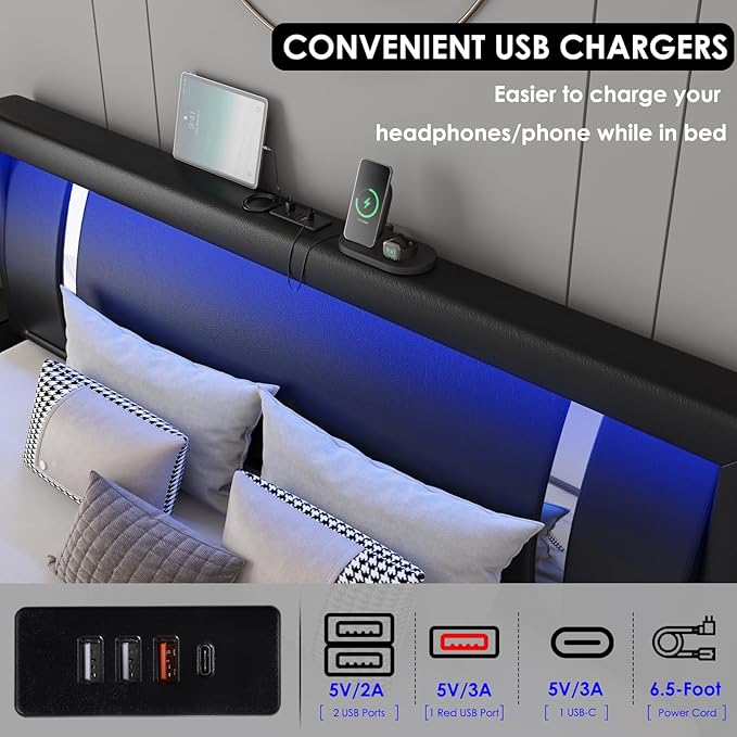 Full Size Bed Frame with RGB LED Lights Headboard & 2 Storage Drawers, Modern Upholstered Faux Leather Smart Platform Bed with Iron Metal Decor, USB & USB-C Charging Ports, No Box Spring Needed, Black
