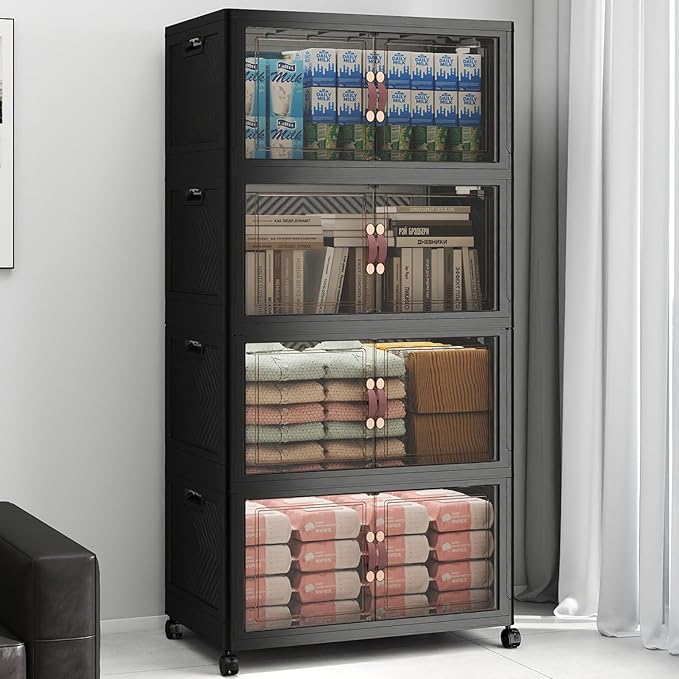 480Qt Stackable Storage Bins with Lids, 4 Pack Large Collapsible Bins with Wheels, Plastic Cabinet with Doors, Foldable Closet Organizers and Storage for Home, Dorm, Office, Black