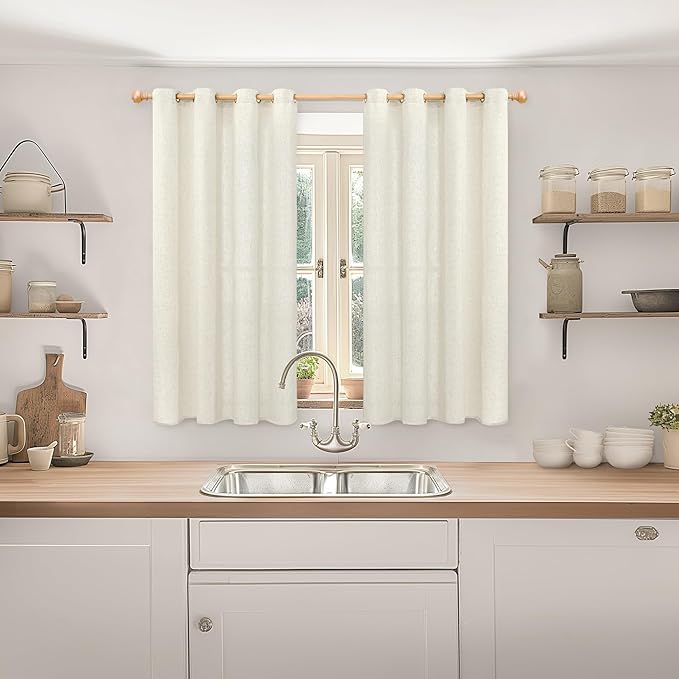 YoungsTex Short Linen Curtains 45 Inch Length, Light Filtering Drapes with Grommet Semi Sheer Privacy for Kitchen Bedroom Bathroom Window, 2 Panels, 52 X 45 Inch