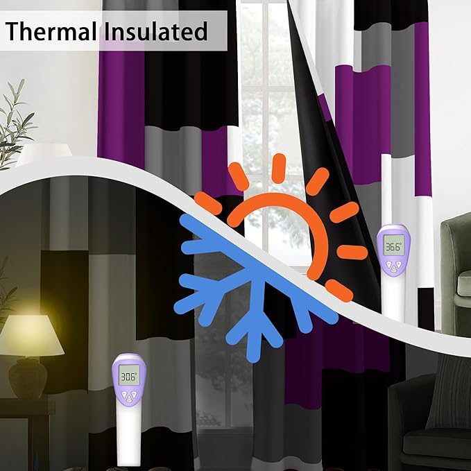Purple 100% Blackout Curtains for Bedroom 72 inch Length 2 Panels Set Grey Modern Abstract Geometric Black Out Curtains Thermal Insulated Room Darkening Window Drapes for Living Room, 42Wx72L