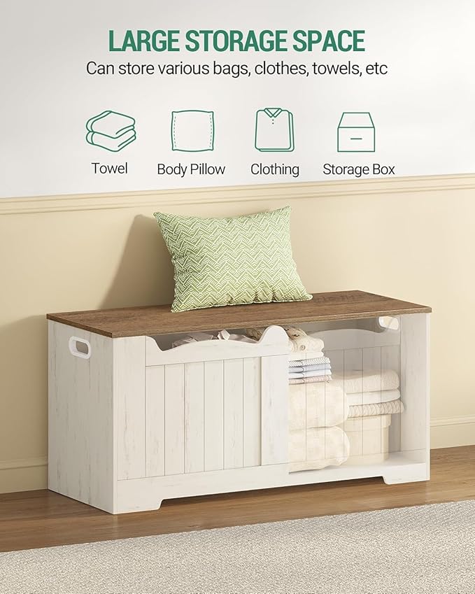 Hzuaneri 39.4" Storage Chest, Storage Bench Trunk with 2 Hinge, Wooden Box, Lift-Top Chest Organizer, Shoe Bench for Entryway, Bedroom, Living Room, White and Brown SB01014B