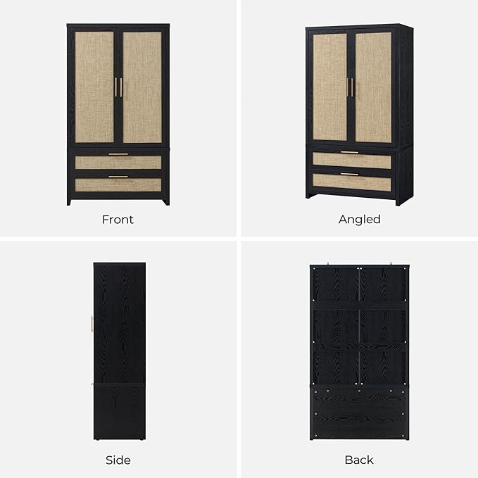SICOTAS Armoire Wardrobe Closet, Larger Rattan Armoires Wardrobe Cabinet with 2 Large Drawers & Hanging Rod, Tall Closet Storage Cabinet for Cloak Room, Bedroom, Black Oak (3 Pieces)