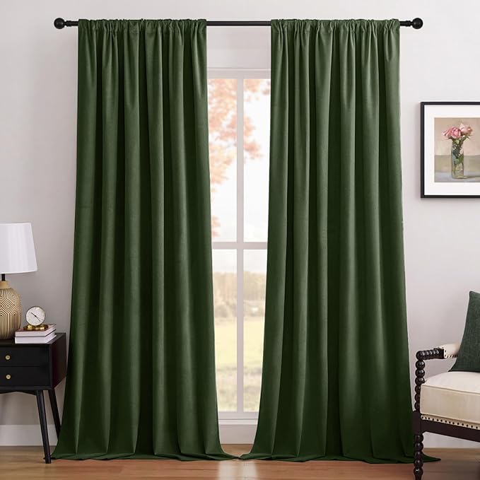 Joydeco Olive Green 100% Blackout Curtains 120 Inch 2 Panels, Luxury Thermal Green Velvet Curtains for Bedroom Living Room, Soundproof Blackout Window Drapes, Rod Pocket & Back Tab (52W x 120L)