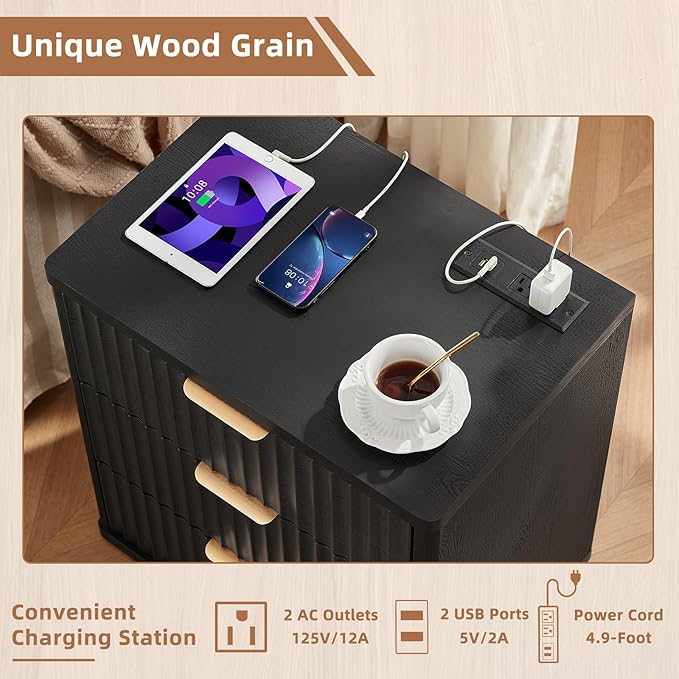 LEYAOYAO 48" Wide Fluted Dresser and 3 Drawers 23" Nightstand Set of 2, Wooden Dresser & Night Stand with Charging Station, 3 Piece Bedroom Furniture Set, Chest of Drawer for Living Room,Black