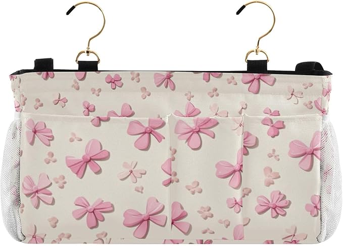 Bedside Caddy Hanging Bunk Bed Caddy Bed Organizer Hanging Pocket with 2 Hooks Bedside Storage Organizer Pocket Bag Holder Pink Cute Bow