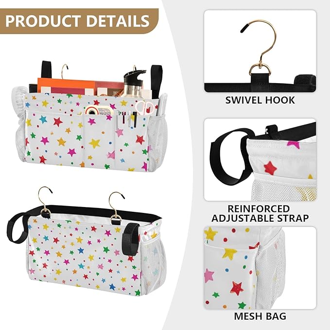 Bedside Caddy Hanging Bunk Bed Caddy Bed Organizer Hanging Pocket with 2 Hooks Bedside Storage Organizer Pocket Bag Holder Small Colorful Stars and Dots