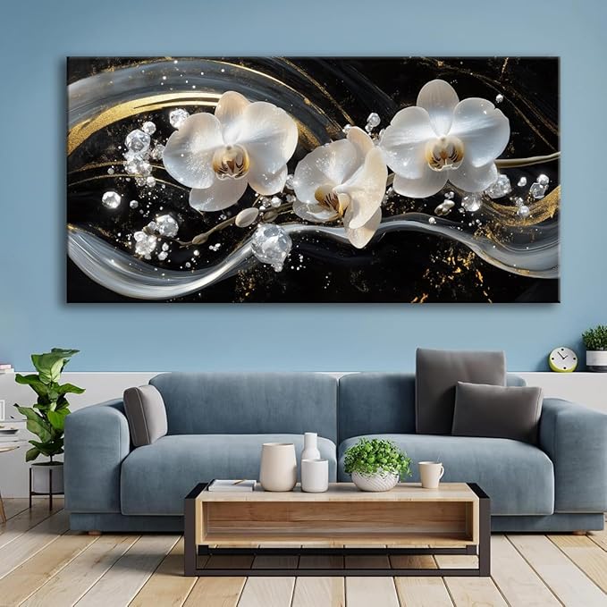 White Orchid Canvas Wall Art - Modern Floral Picture for Living Room, Bedroom Wall Decor, Framed Wall Art for Home Decoration, Elegant Flower Paintings Ready to Hang, Large Wall Art 60x120cm(24x48in)