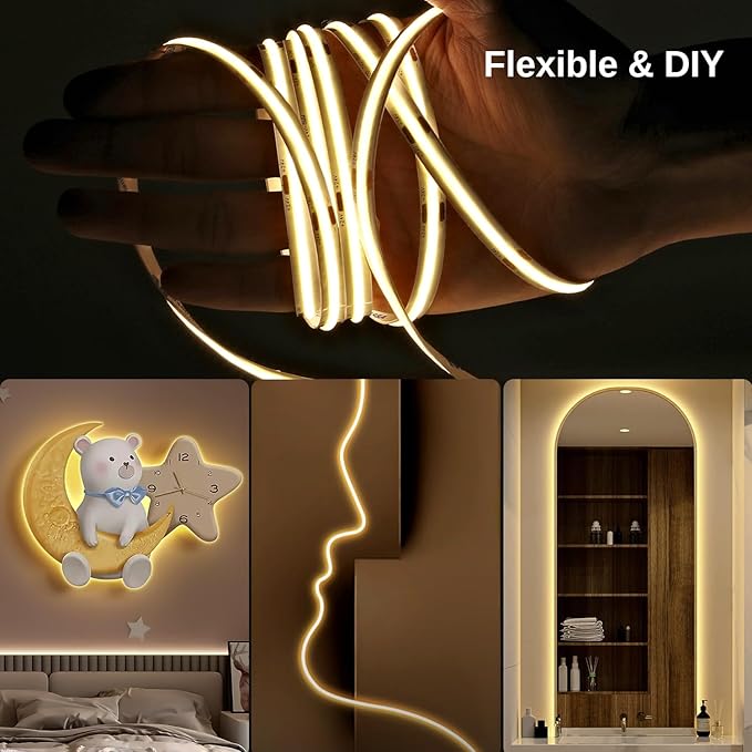 COB LED Strip Light Warm White, 66ft Dimmable 3000K Super Bright White Led Lights with Remote and UL Power Supply, 24V Flexible LED Tape Light for Bedroom, Kitchen, DIY Lighting (2 Rolls of 33ft)