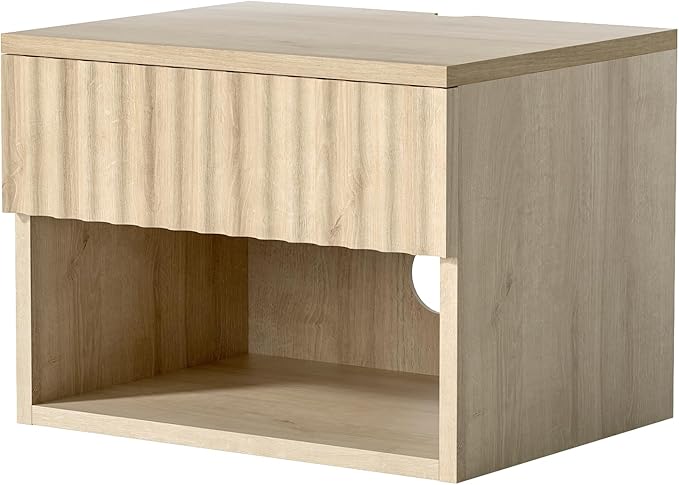 Floating Nightstand Set of 2 with Drawer, Fluted Modern Night Stand with Fluted Door and Open Storage Shelf Wall Mounted Bedside Table for Bedroom, Entryway Light Oak