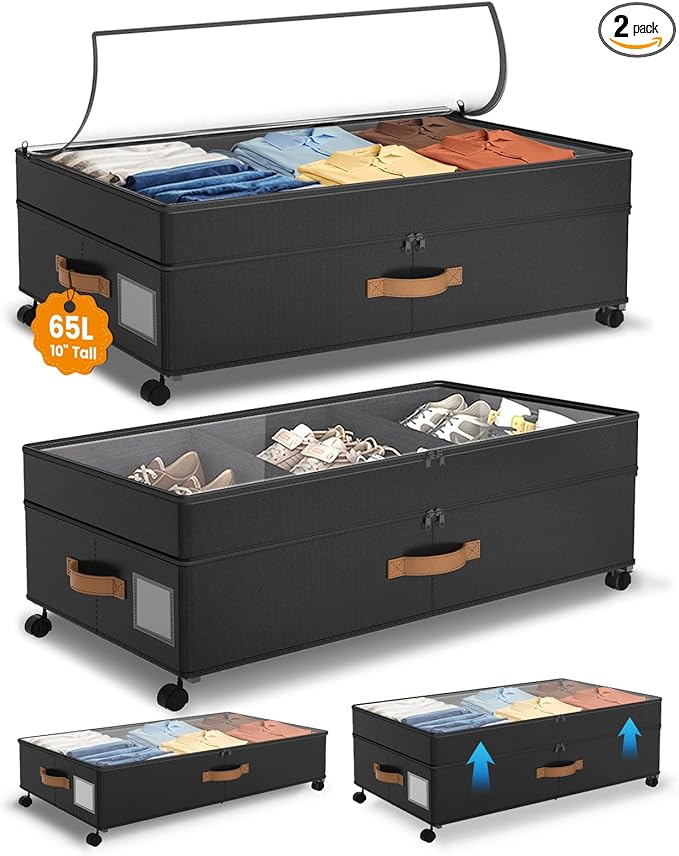 Under Bed Storage with Wheels, 10 inches Under Bed Storage Containers, 65L XXL Large Adjustable Underbed with Lids, Rolling Underbed Storage bins for Shoes, Clothes, Blankets, Black