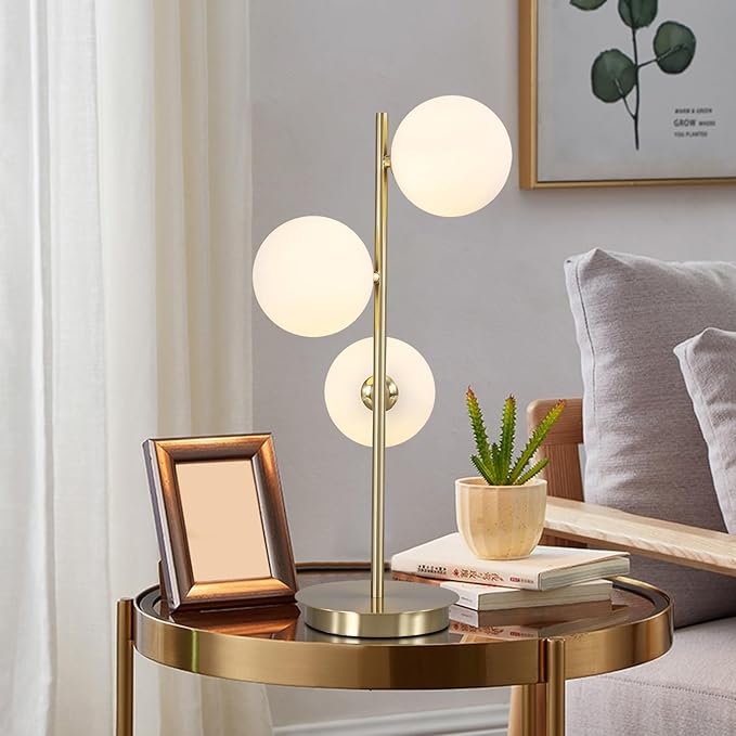 Modern Glass Globe Table Lamp 3 Lights Mid Century Small Gold Desk Lamp Contemporary Minimalist Brass Bedside Table Lamps with White Glass Shade Reading Lamp for Bedroom Office G9 MTL03-W