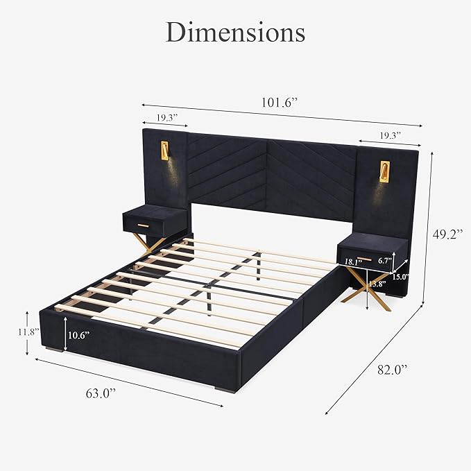 DEINPPA Luxury Queen Bed Frame with Built-in Gold LED Lights and Nightstands, Queen Size Platform Bed with Oversize Upholstered Headboard, No Box Spring Needed-Gunmetal Black