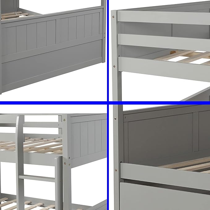 STERXONE Best Thicken Solid Wood Full Over Full Bunk Bed with Trundle, Luxurious Bunk Bed Frame Full Size with Safety Guard Rail and Ladder, Convertible to 2 Beds for Adults, Teens, Kids (Gray)