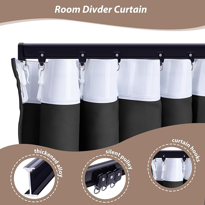 Room Divider Curtains with Ceiling Curtain Track Set Window Curtain for Bedroom,Living Room Total Blackout Thermal Insulated Privacy Ceiling Track Curtain W 12 × H 9 FT Black drape&Black track