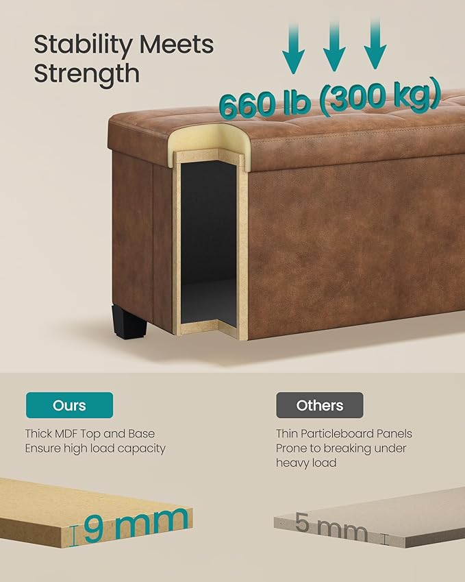 SONGMICS Storage Ottoman, Storage Bench with Legs, 15 x 43.3 x 15.7 Inches, Ottoman Bench, 30 Gal. (112 L), Synthetic Leather, for Living Room, Entryway, Coffee Brown ULSF0514K03