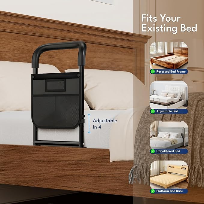 HOMEAL Bed Rails for Elderly Adults Safety - Adjustable Bedside Assist Rails for Seniors, Adult Bed Cane with Non-Slip Handle, Motion Light & Fixing Strap, Fit Standard & Adjustable Bed (Black)