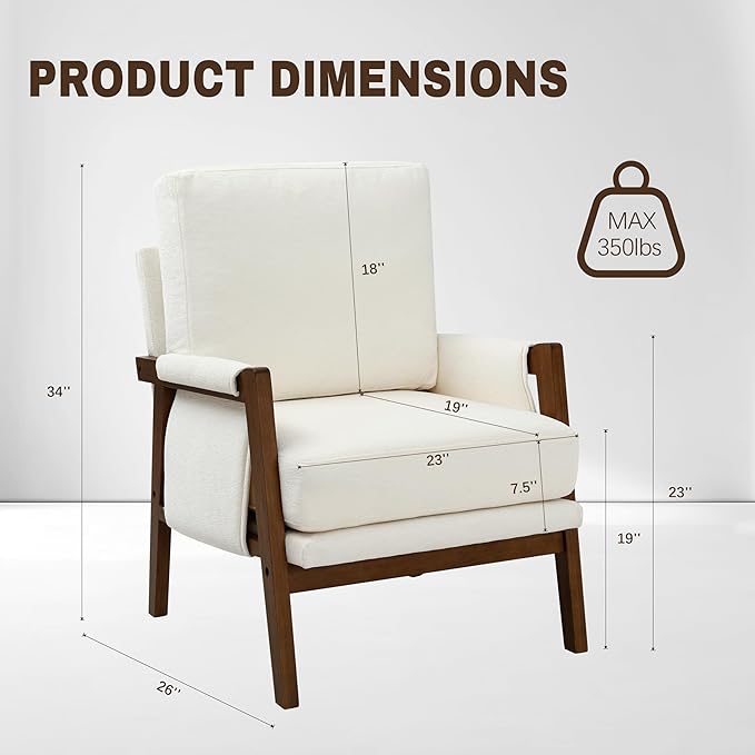 Cream Accent Chair for Bedroom & Living Room, Mid Century Modern Accent Arm Chair, Upholstered Anthropologie Accent Chair with Solid Wood Frame, Fabric