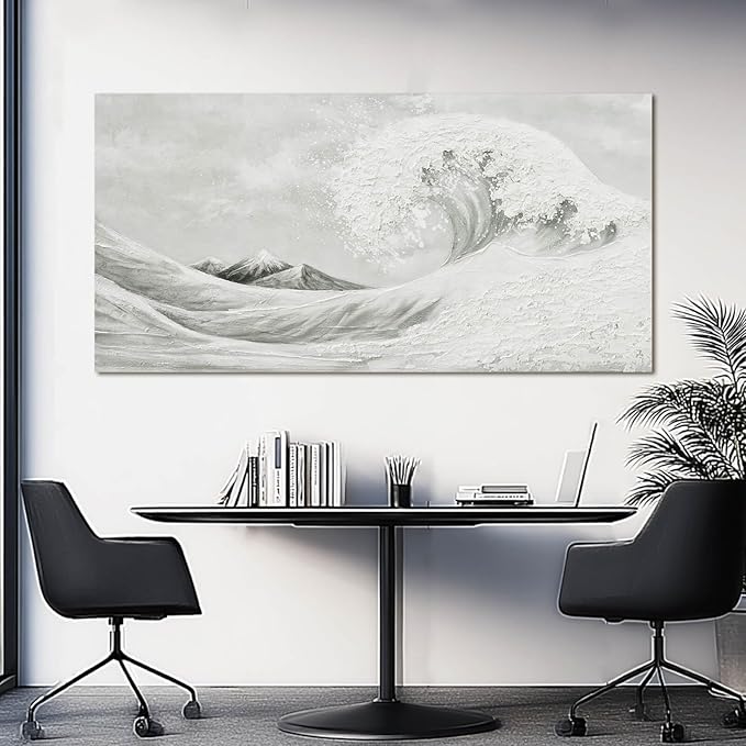 YETHEN WAL Neutral Grey & White Wave Wall Art – Textured Minimalist Canvas Print, Modern Coastal Decor for Hallway Entryway Bedroom, 20×40 Inch