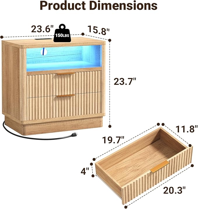 ELYKEN Wood Fluted Nightstand Set of 2, 24" Wide Night Stand with Charging Station & LED Lights, 2 Pack Bedside Table with 2 Drawers and USB & Type-C Port for Bedroom