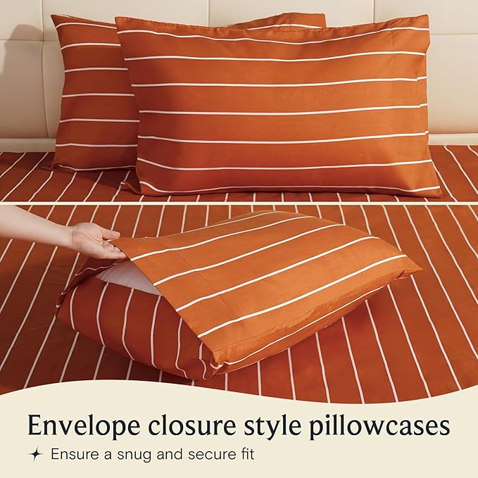 LuxClub 4 PC Sheet Set Bed Sheets Deep Pockets 16" Wrinkle Free Cooling Machine Washable Hotel Bedding Silky Soft - Striped-Autumn Orange King
