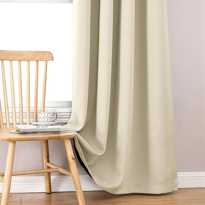 ChrisDowa 100% Blackout Curtains 63 inch Long for Bedroom with Black Liner, 2 Thick Layers Total Blackout Thermal Insulated Grommet Window Curtains 2 Panels Set (Light Beige, 38 x 63 Inch)
