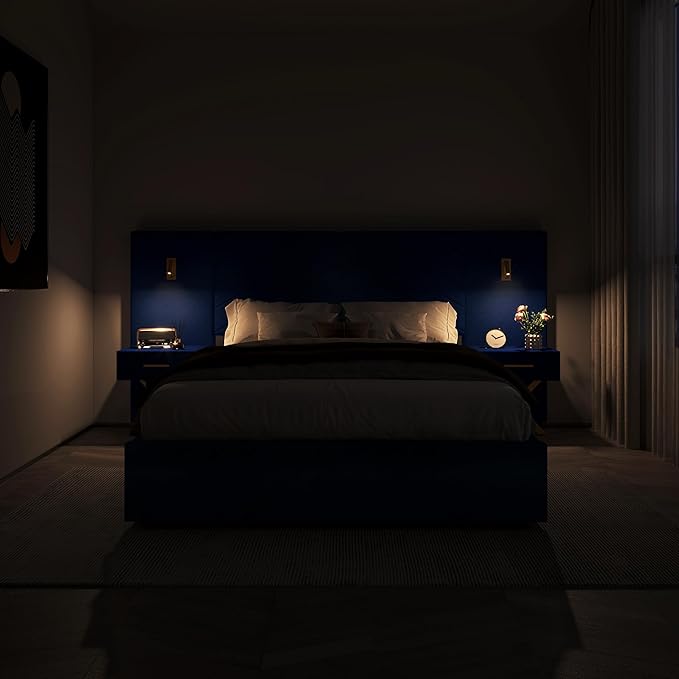 DEINPPA Luxury Queen Bed Frame with Built-in Gold LED Lights and Nightstands, Queen Size Platform Bed with Oversize Upholstered Headboard, No Box Spring Needed-Royal Blue