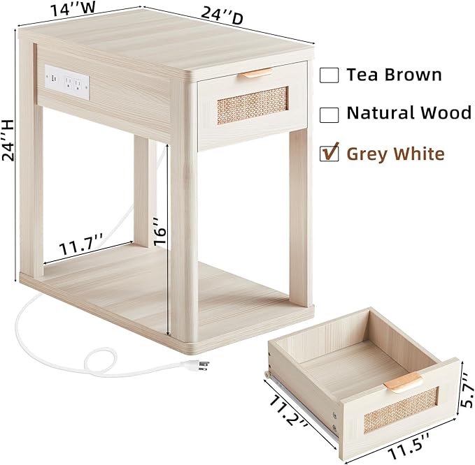 LEYAOYAO Narrow Side Table with Charging Station, Rattan Night Stand with Drawer Storage, Natural Wood Bedside End Table with Metel Handle for Small Spaces, Boho Nightstand for Living Room Bedroom