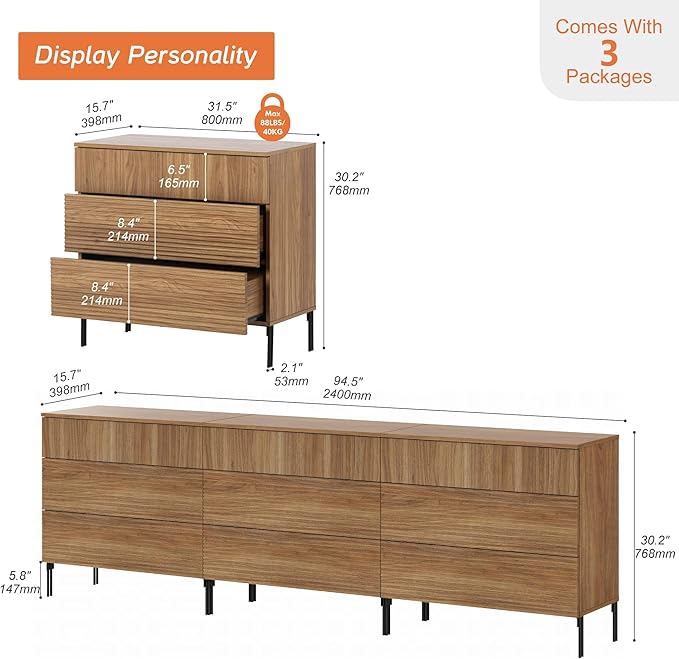 WAMPAT 94.5" W Fluted Dresser for Bedroom, Modern 9 Drawer Dresser TV Stand with Hidden Handles, Wooden Chest of Drawers Closet Clothes Storage Organizer for Bedroom, Living Room, Light Walnut