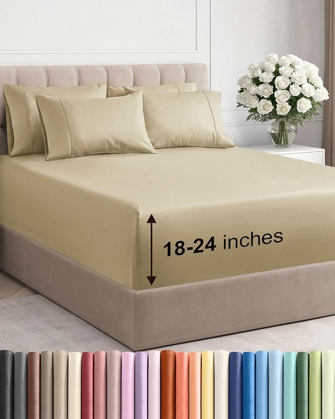 Extra Deep Queen Sheet Set - 6 Piece Breathable and Cooling Sheets - Hotel Luxury Bed Sheets Set - Easy & Secure Fit - Soft, Wrinkle Free and Comfy Sheets Set - Beige Sheet Set with Extra Deep Pockets