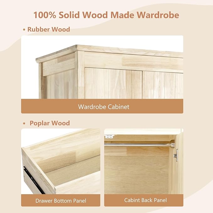 VINGLI Solid Wood Wardrobe Closet, Unfinished Natural Rubber Wood Armoire Color DIY, Wooden Wardrobe Closet with Doors and Drawers, Real Wooden Armoire for Hanging Clothes