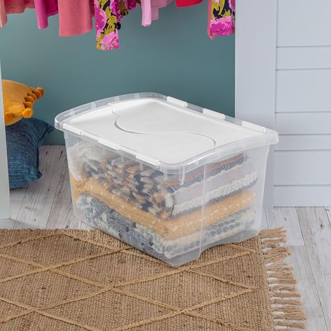 Sterilite 48 Qt Hinged Lid Storage Box, Stackable Bin with Lid, Plastic Container to Organize Home, Office, Basement, Clear with White Lid, 24-Pack