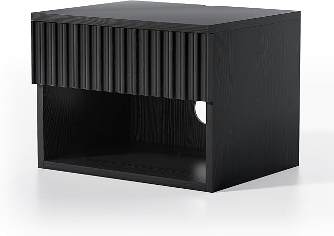 Fluted Floating Nightstand Set of 2 with Drawer, Modern Night Stand with Fluted Door and Open Storage Shelf Wall Mounted Bedside Table for Bedroom, Entryway Black