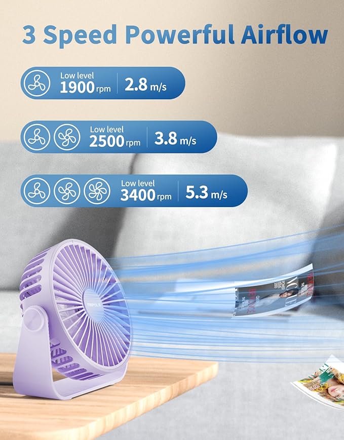 TriPole USB Desk Fan Portable Mini Fan Powerful 3 Speeds Wind Personal Desktop Fan with 360° Head Rotation for Home Office Car Indoor Outdoor Purple, No Battery, 4.5 Inches