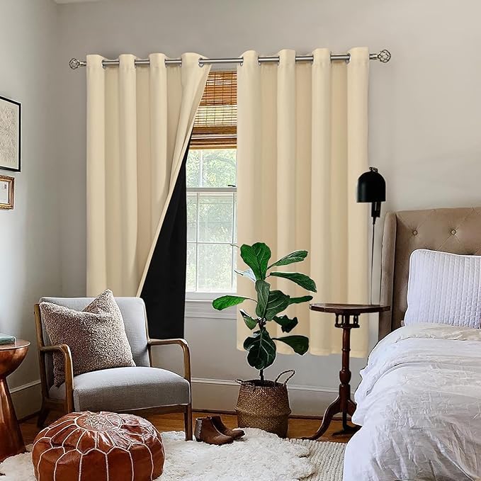 BGment Thermal Insulated 100% Blackout Curtains for Bedroom with Black Liner, Double Layer Full Room Darkening Noise Reducing Grommet Curtain (52 x 63 Inch, Natural, 2 Panels)