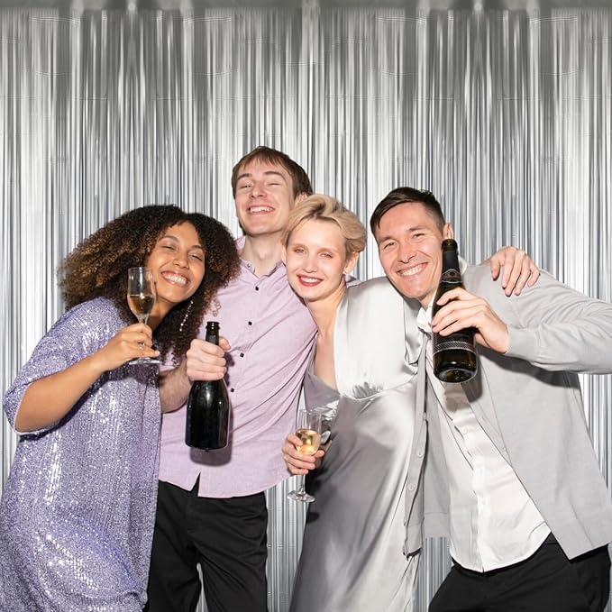 GOER 3.2 ft x 8.2 ft Metallic Tinsel Foil Fringe Curtains Party Photo Backdrop Party Streamers for Birthday,Graduation,New Year Eve Decorations Wedding Decor (4 Pcs,Matte Silver,Thick Material)