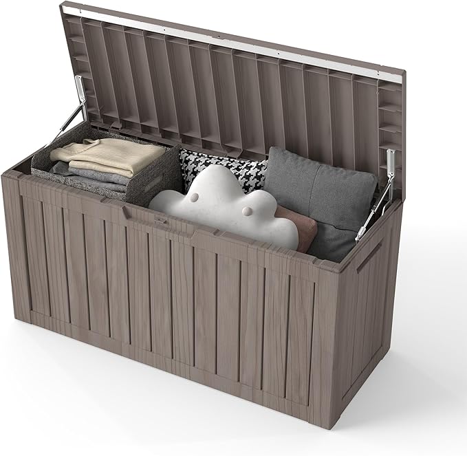 80 Gallon Outdoor Storage Box Waterproof, Resin Deck Boxes with Lockable Lid & UV-Resistant for Patio, Pool, Garden Furniture Cushions & Accessories, Coffee