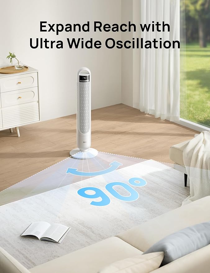 DREO Tower Fan for Bedroom, 4 Speeds, 3 Modes Standing Fans for Room with 90° wide Oscillating, 28dB Quiet for Sleep, 25ft/s Velocity, 29ft Coverage, 8H Timer, Remote, Living Room, Office, Home, White