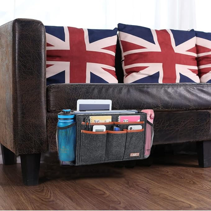 Bedside Caddy, Large Size Bedside Storage Organizer Bedside Organizer Caddy for Magazine Remotes Phone (13.4'' x 18.1'' Plus Size, Dark Grey)