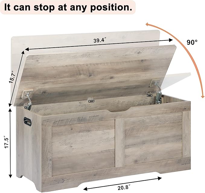 Timberer 39.4" Storage Chest, Wooden Storage Bench, Lift Top Toy Chest with 2 Safety Hinges, Large Toy Box, Entryway Bench for Living Room, Bedroom, Grey