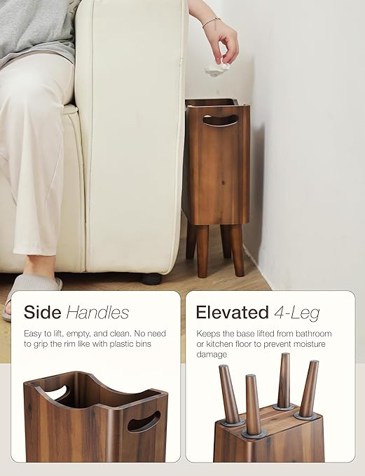 2 Gallons Wooden Trash Can 4 Legs - Acacia Wooden Bin, Wood Bathroom Accessories - Small Bin, Waste Basket for Bedroom, Office Garbage Can - Bathroom Trash Can, Patent Pending (Walnut Color)