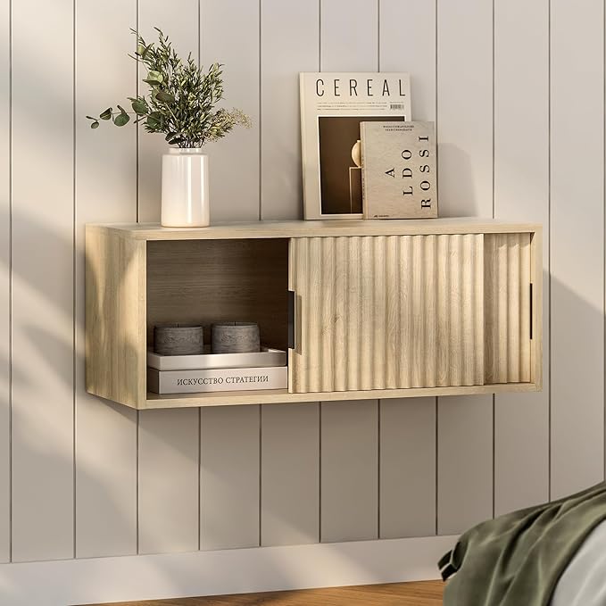Large Wall Nightstand with Sliding Doors, Modern Fluted Night Stand Storage Shelf Wall Mounted Bedside Tables for Bedroom, Study Room Light Oak