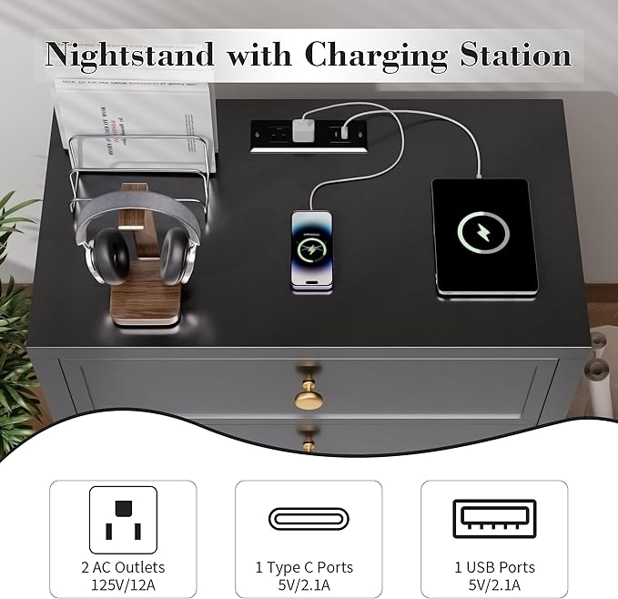 COWMOU Nightstand with Drawers 3 Drawer Night Stand with Charging Station Farmhouse Style Large Bed Side Table for Bedroom Living Room (1, Black)