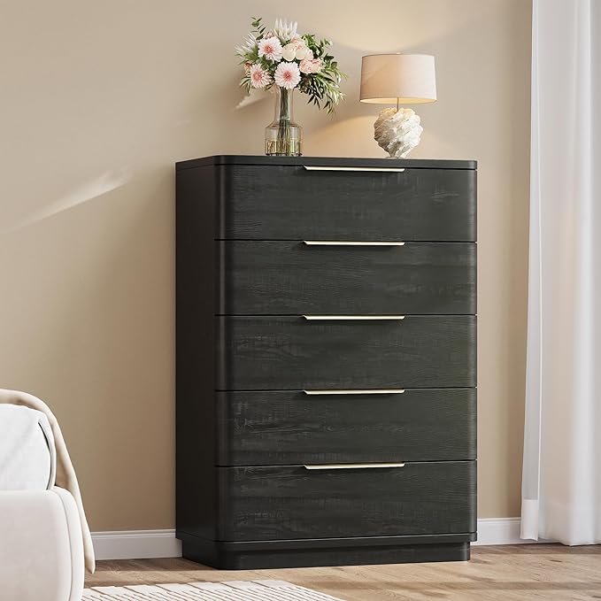 5 Drawer Dresser for Bedroom, 45" Tall Modern Chest of Drawers with Metal Handle, Curved Profile Design, Wooden Closet with Large Drawers Dressers Organizer for Entryway Hallway