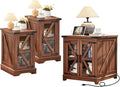 Farmhouse End Table Set 3, Narrow 18'' Night Stand with Glass Barn Door, 24" Square Side Table with Charger Station, Living Room Furniture Sets, Wood Nightstand Bedside Tables for Bedroom