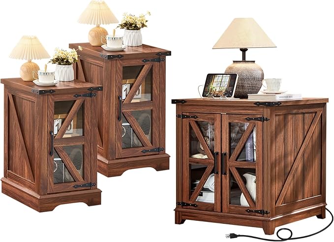 Farmhouse End Table Set 3, Narrow 18'' Night Stand with Glass Barn Door, 24" Square Side Table with Charger Station, Living Room Furniture Sets, Wood Nightstand Bedside Tables for Bedroom
