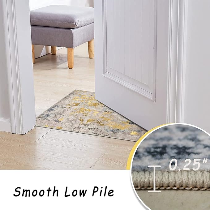 vivorug 9x12 Area Rugs for Living Room, Non Slip Machine Washable Modern Abstract Rug, Ultra-Thin Lightweight Large Area Rug Carpet for Bedroom, Dining Room, Low Pile Grey/Mustard