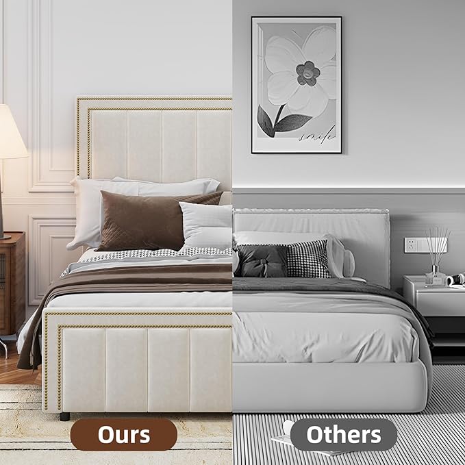 BarnFurin Full Size Bed Frame with 50" Tall Headboard and Footboard, Chenille Upholstered Platform Bed, Vertical Channel Tufting with Nailhead Trim, No Box Spring Needed, Easy Assembly, Beige