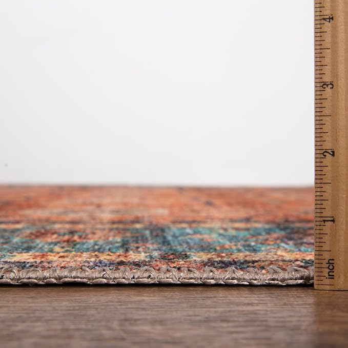 Bloom Rugs Washable Non-Slip 5' x 7' Rug - Orange/Teal Blue Traditional Bordered Area Rug for Living Room, Bedroom, Dining Room, and Kitchen - Exact Size: 5' x 7'
