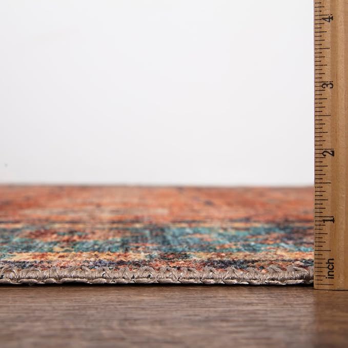 Bloom Rugs Washable Non-Slip 2' x 3' Rug - Orange/Teal Blue Traditional Bordered Area Rug for Living Room, Bedroom, Dining Room, and Kitchen - Exact Size: 2' x 3'